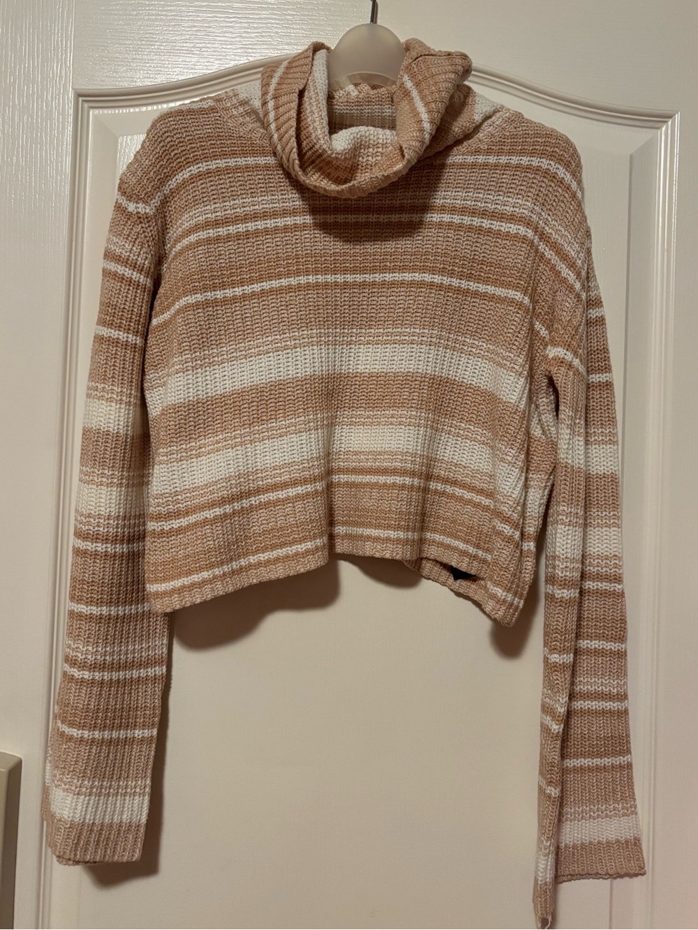 Urban Outfitters Cropped Striped Turtleneck Sweater in Tan and White